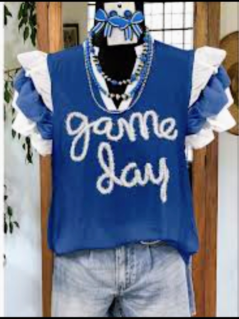 Blue "Game Day" Ruffle Sleeve Top